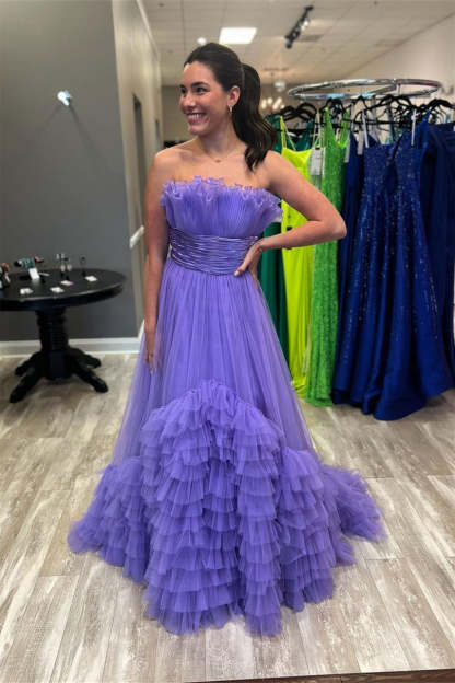 Princess Fuchsia A-line Strapless Tulle Multi-Layers Long Prom Dress