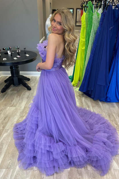 Princess Fuchsia A-line Strapless Tulle Multi-Layers Long Prom Dress