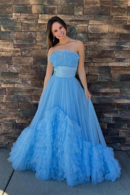 Princess Fuchsia A-line Strapless Tulle Multi-Layers Long Prom Dress