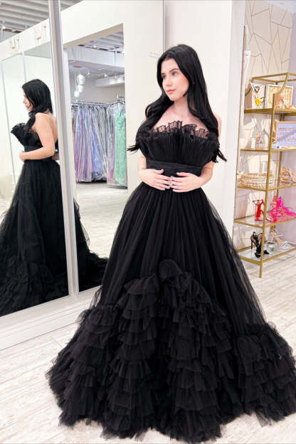 Princess Fuchsia A-line Strapless Tulle Multi-Layers Long Prom Dress