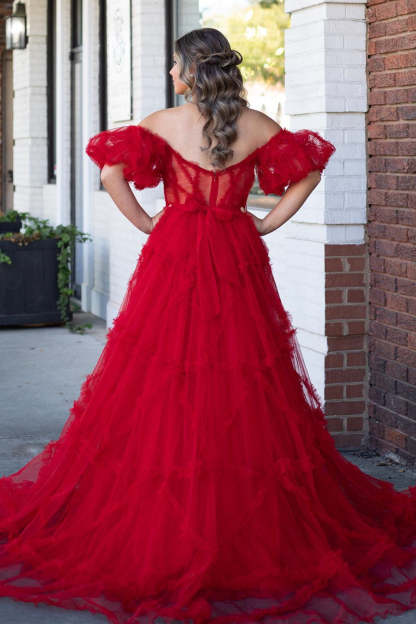 Princess Off-Shoulder Light Blue Ruffle Long Prom Dress with Balloon Sleeves