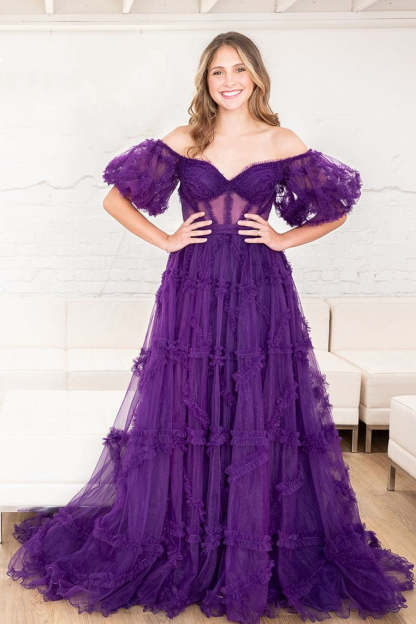 Princess Off-Shoulder Light Blue Ruffle Long Prom Dress with Balloon Sleeves