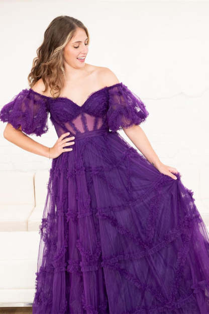 Princess Off-Shoulder Light Blue Ruffle Long Prom Dress with Balloon Sleeves