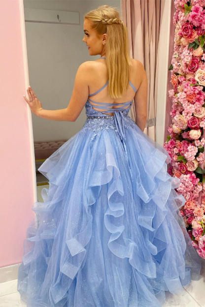Princess Sky Blue Tiered Tulle Prom Dress with Appliques