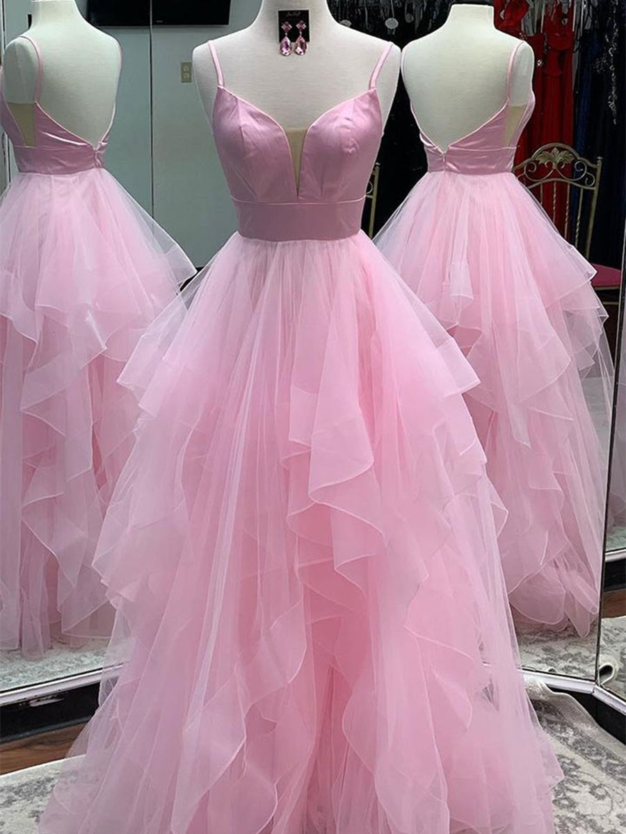 Princess V Neck Backless Long Fluffy Tulle Prom Dresses Backless Formal Evening Gowns-Yesbabyonline