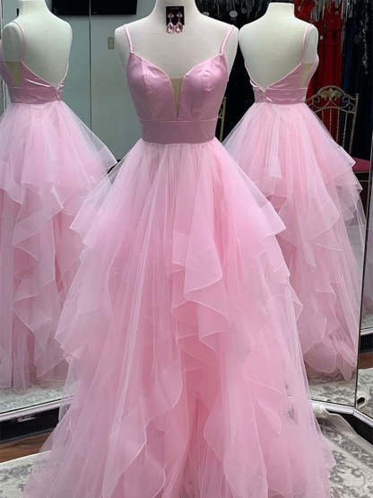 Princess V Neck Backless Long Fluffy Tulle Prom Dresses Backless Formal Evening Gowns-Yesbabyonline