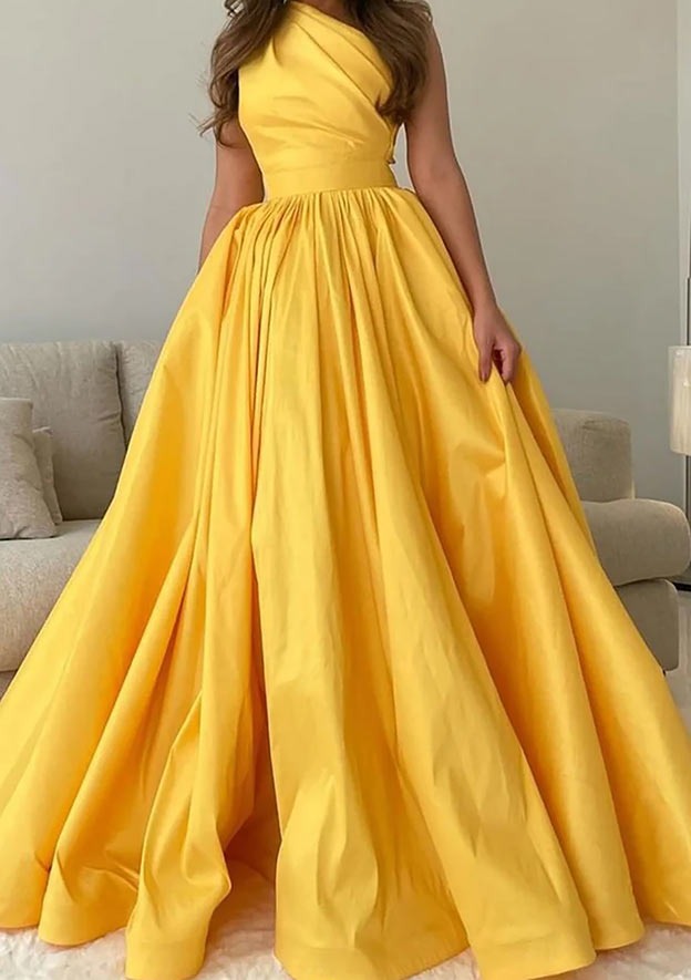 Long A-line One Shoulder Sleeveless Satin Prom Dress with Pleats