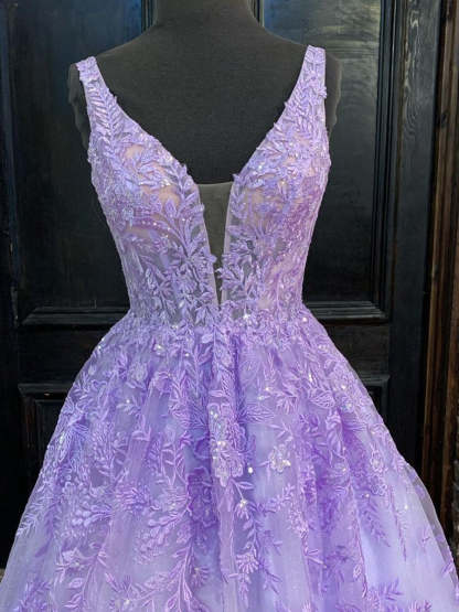 Purple Long A-line V Neck Tulle Lace Prom Formal Graduation Evening Dresses-Yesbabyonline