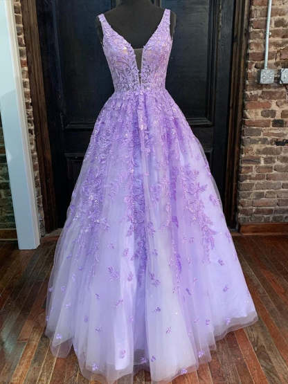 Purple Long A-line V Neck Tulle Lace Prom Formal Graduation Evening Dresses-Yesbabyonline
