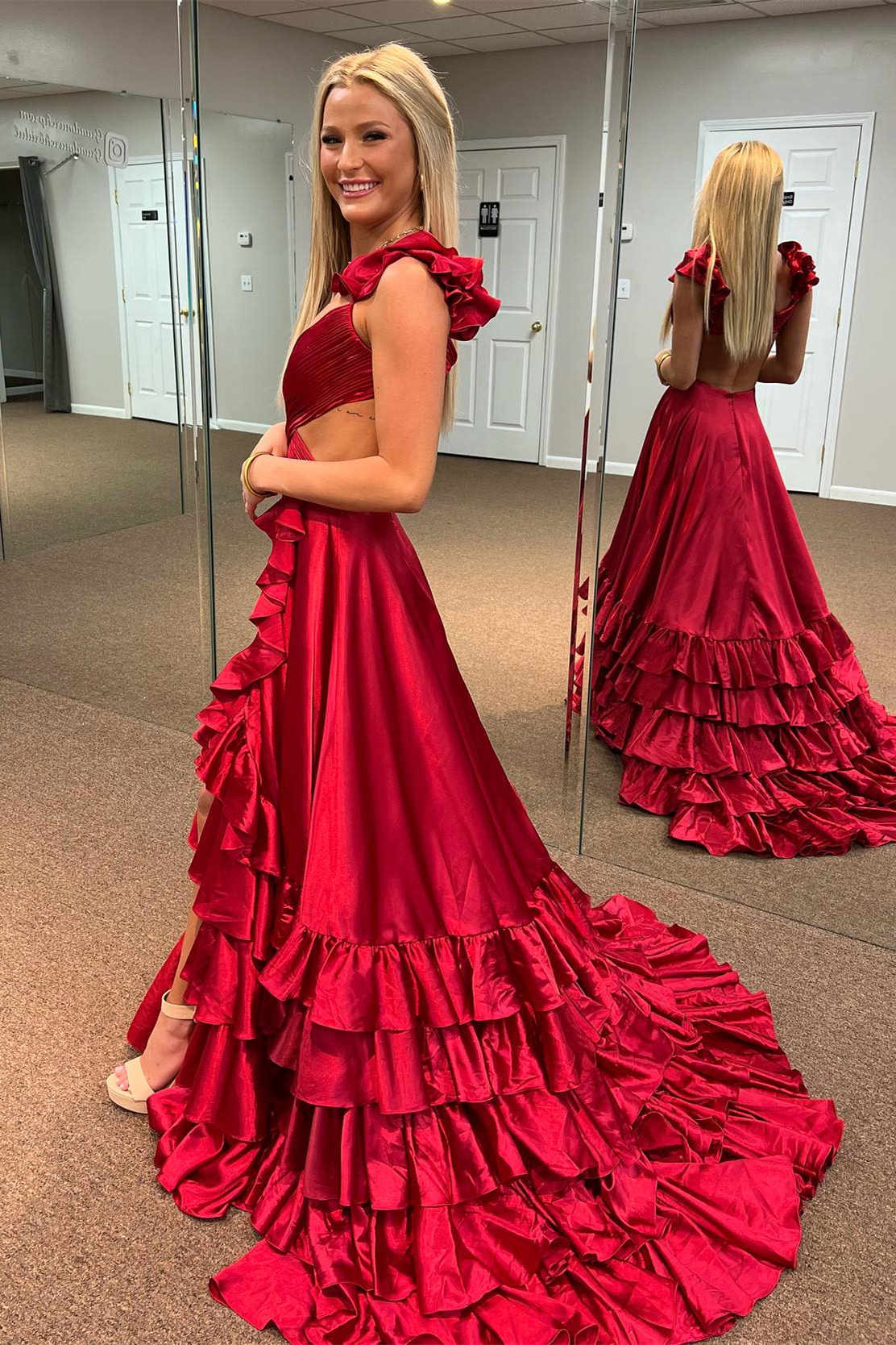 Ruffled Straps Red Pleated Layered Long Prom Dress