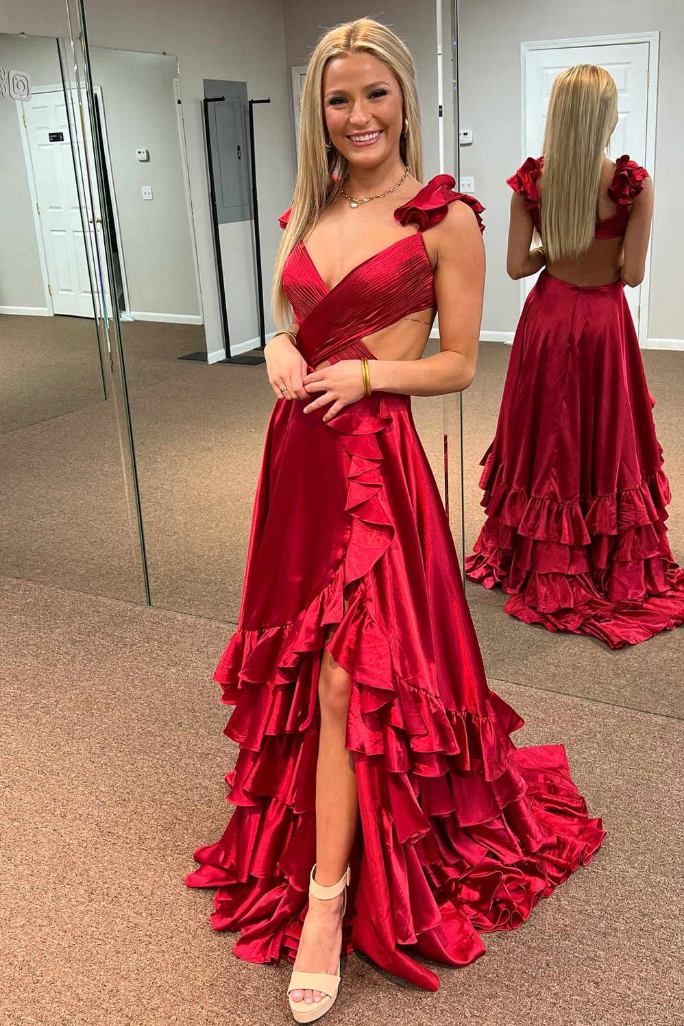 Ruffled Straps Red Pleated Layered Long Prom Dress