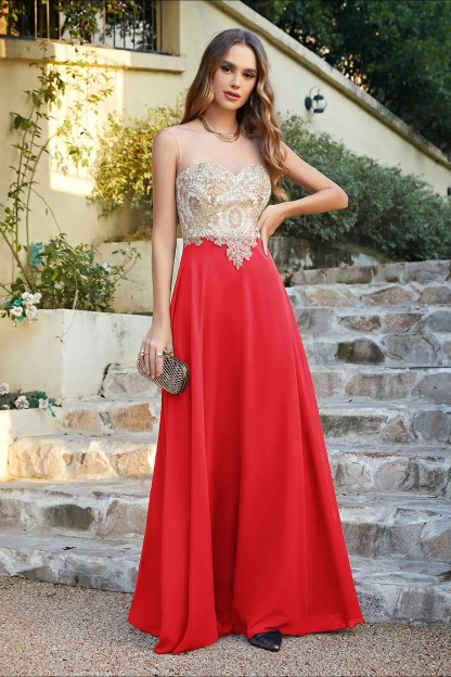 Long A-line Sleeveless Chiffon Tulle Lace Appliques Formal Prom Dress - YESBABYONLINE
