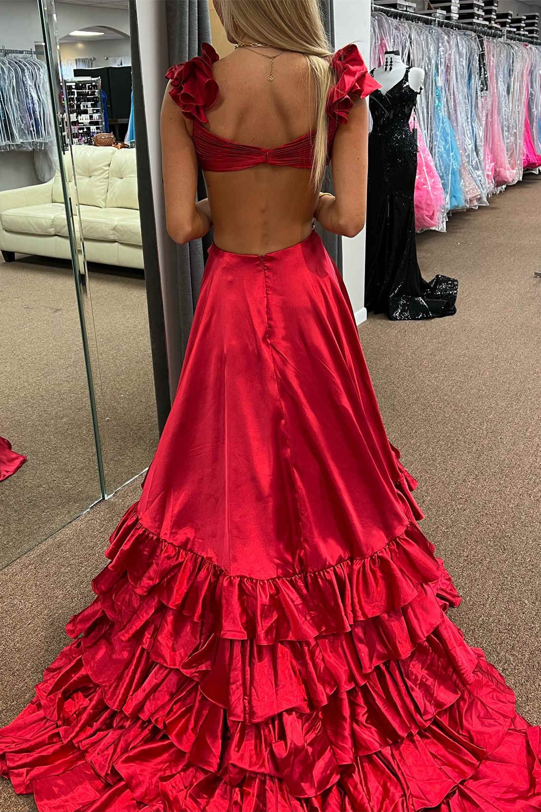 Ruffled Straps Red Pleated Layered Long Prom Dress