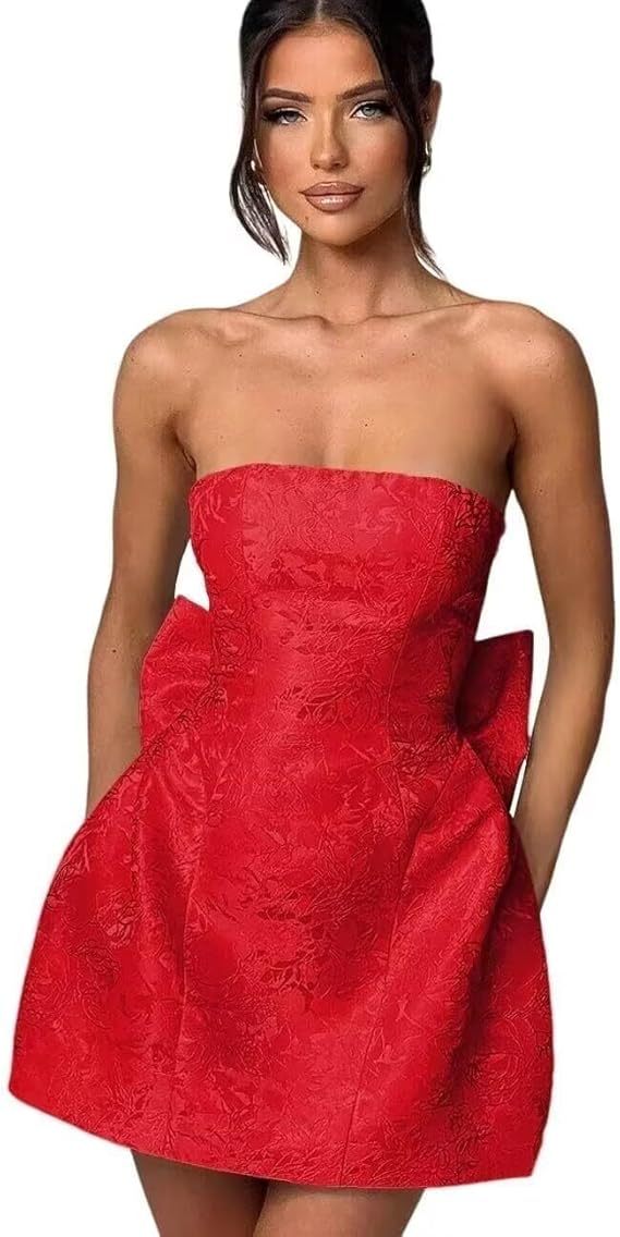 Strapless Short Ball Gown Sleeveless Lace up Jacquard Satin Homecoming Dress with Bow - YESBABYONLINE