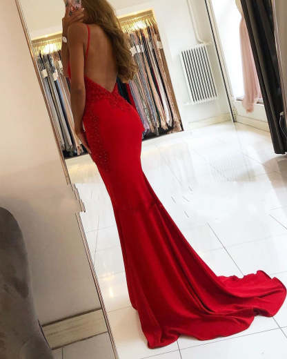 Red Long Mermaid V-neck Spaghetti Straps Backless Prom Dresses - YESBABYONLINE