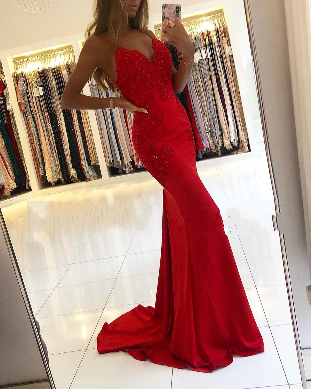 Red Long Mermaid V-neck Spaghetti Straps Backless Prom Dresses - YESBABYONLINE