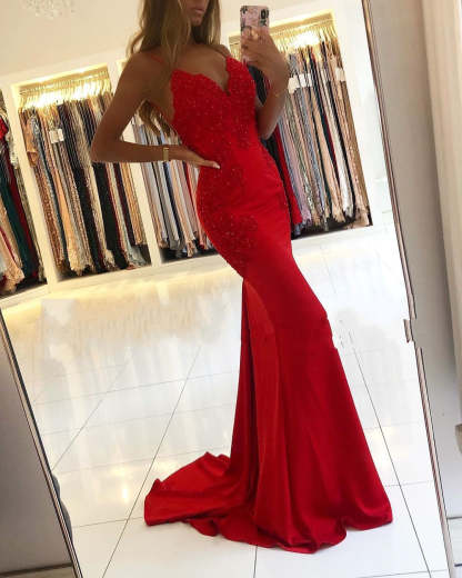 Red Long Mermaid V-neck Spaghetti Straps Backless Prom Dresses - YESBABYONLINE
