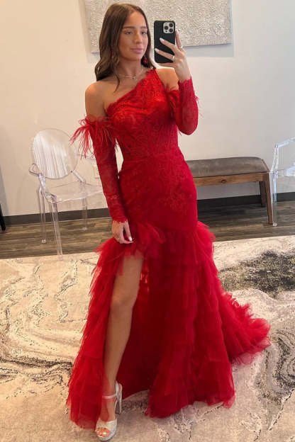 Red One Shoulder Lace Mermaid Tiered Prom Dress with Detachable Sleeves