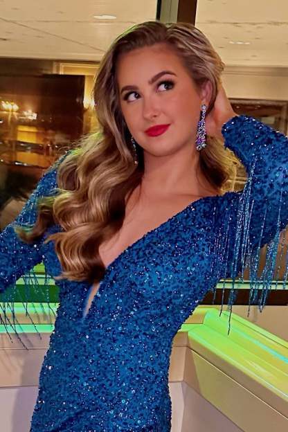 Red Plunging Neck Long Sleeves Homecoming Dress with Fringe