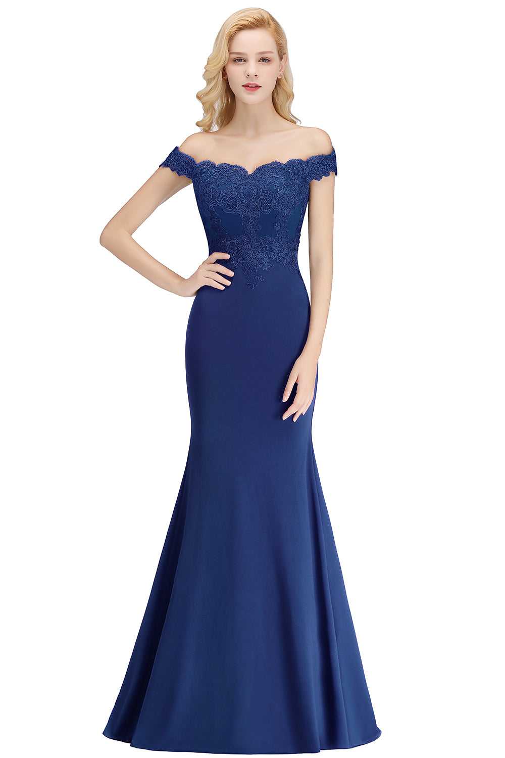Long Off-the-shoulder Appliques Lace Mermaid Bridesmaid Dress - YESBABYONLINE