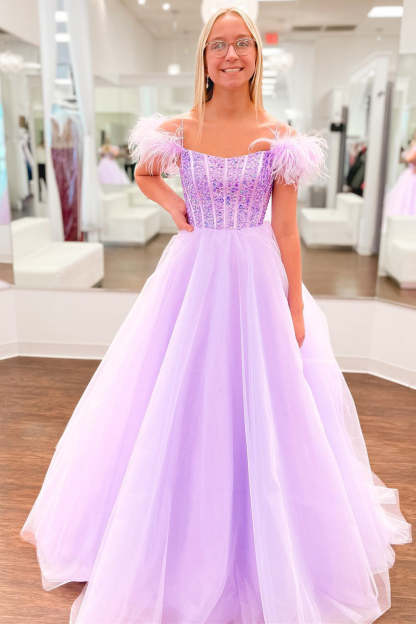 Royal Blue A-line Scoop Neck Rhinestone Long Prom Dress with Feathers