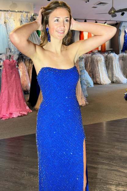 Royal Blue Fitted Strapless Beaded Grid Long Prom Dress with Slit