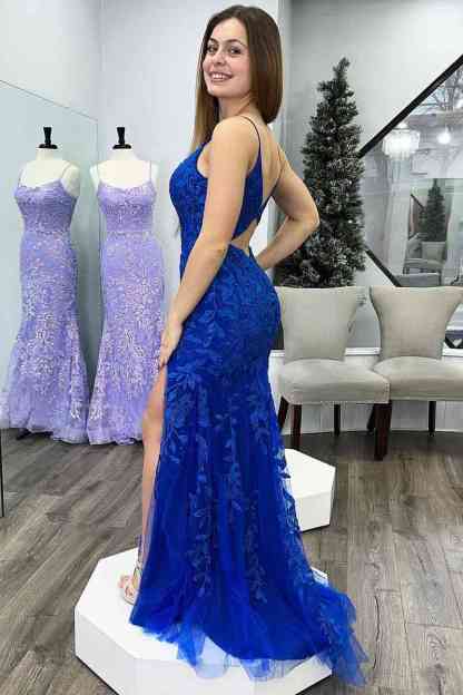 Royal Blue Mermaid Deep V Neck Tulle Applique Long Prom Dress