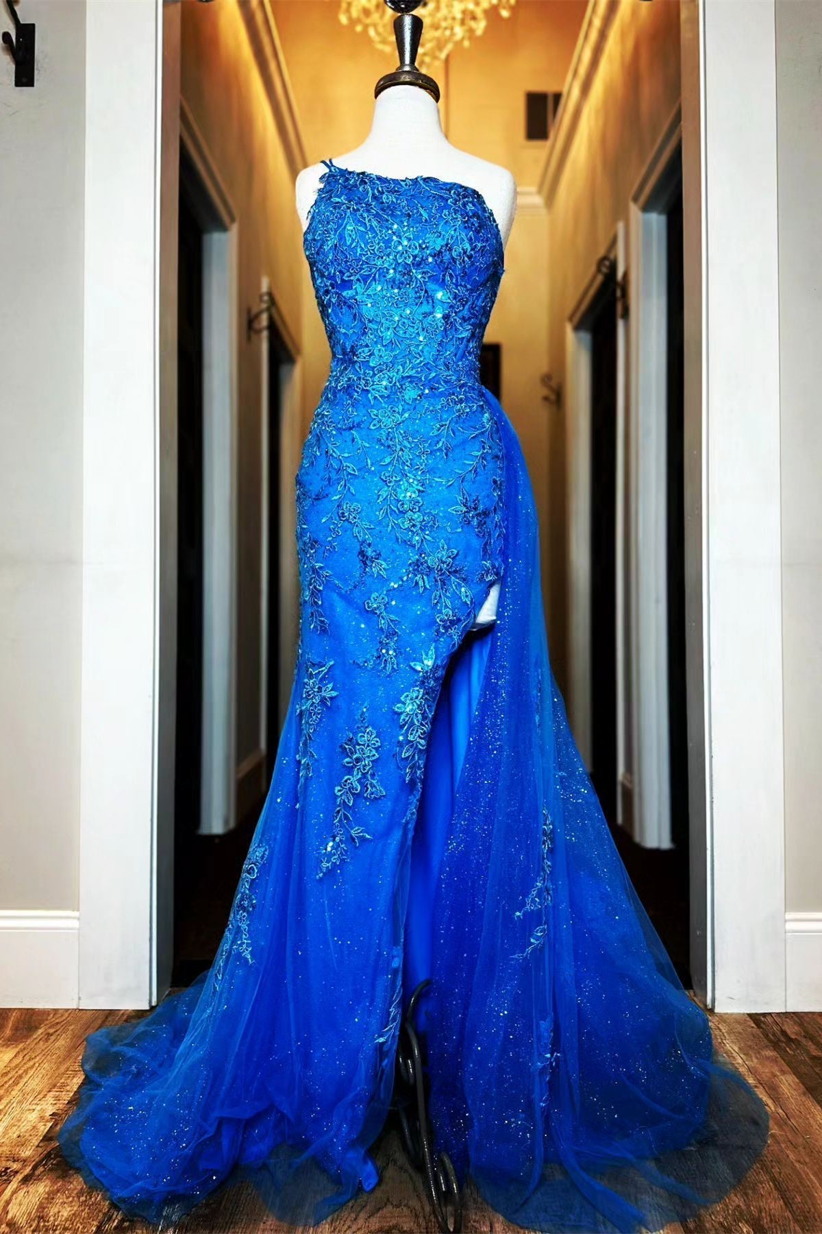 Royal Blue Mermaid One Shoulder Beaded Appliques Long Prom Dress