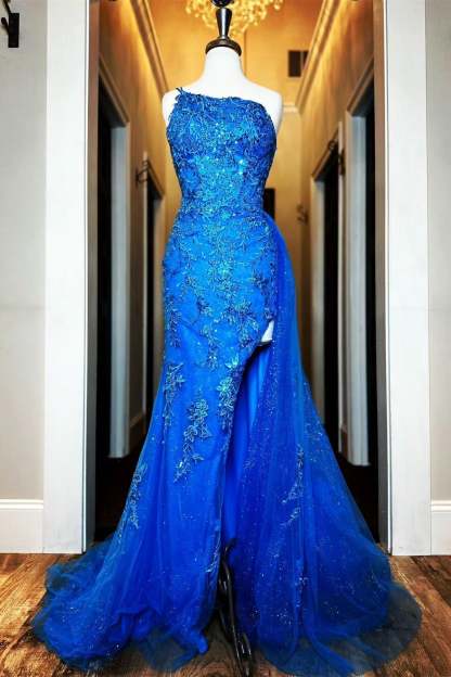 Royal Blue Mermaid One Shoulder Beaded Appliques Long Prom Dress