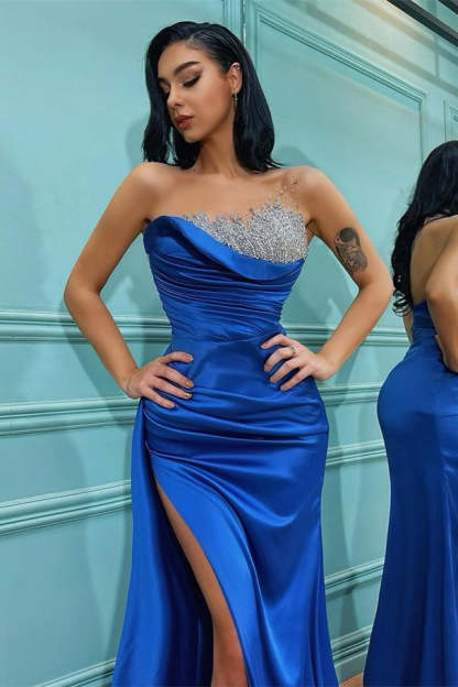 Royal Blue Strapless Split Mermaid Evening Dress with Beadings