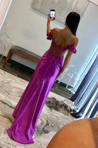 Ruffle Straps Fuchsia Rosette Side Cutouts Prom Dress