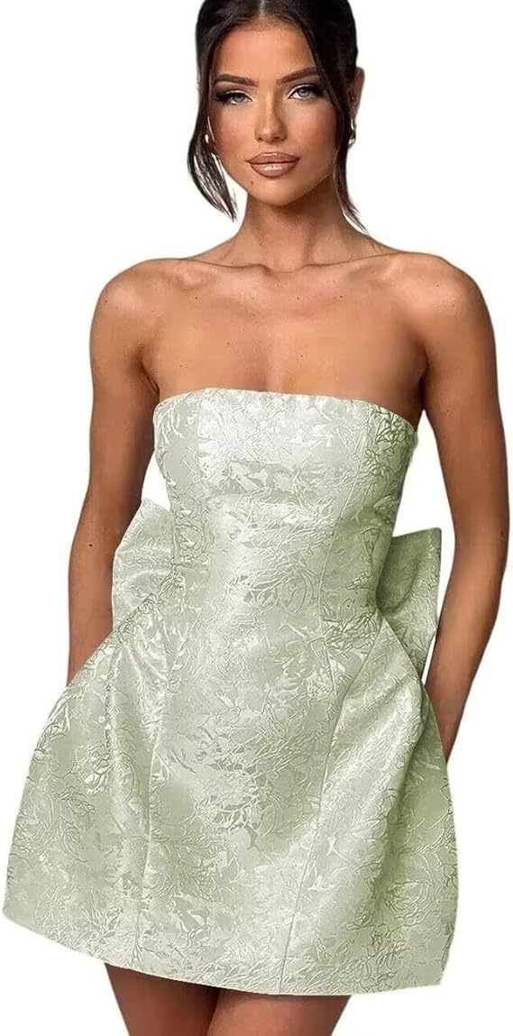 Strapless Short Ball Gown Sleeveless Lace up Jacquard Satin Homecoming Dress with Bow - YESBABYONLINE