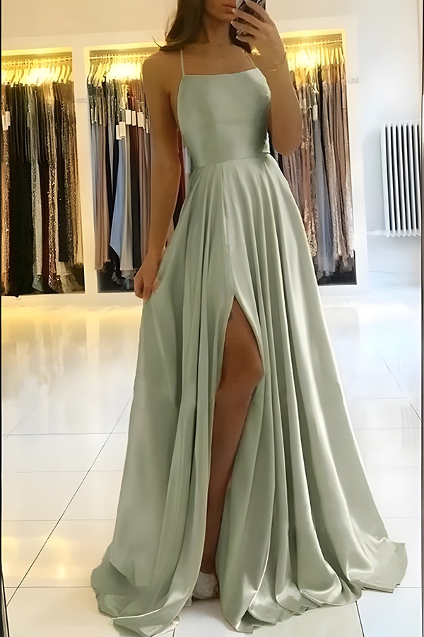 Simple Open Back Spaghetti Straps A-line Slit Long Prom Dress 