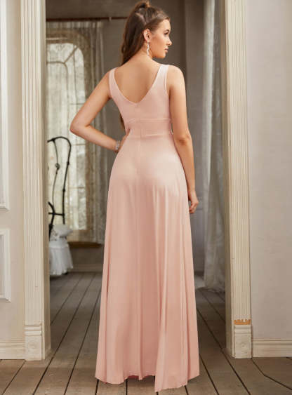Long A-line V-Neck Sleeveless Floor Length Formal Dress with Slit - YESBABYONLINE