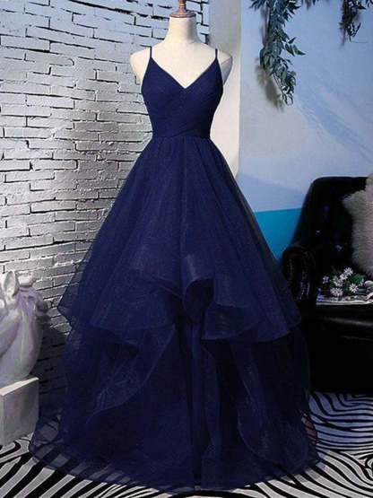 Shiny Dark Navy Long A-line V Neck Fluffy Tulle Prom Formal Evening Dresses - YESBABYONLINE