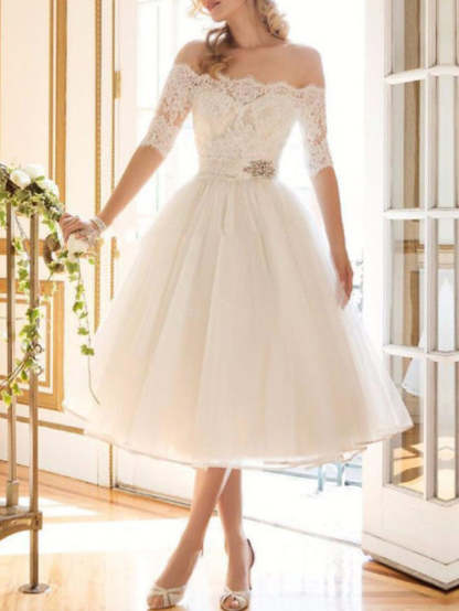 Short A-Line Off Shoulder Lace Tulle Wedding Dresses with Sleeves - YESBABYONLINE