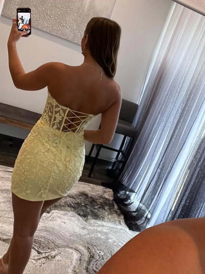 Short Mermaid Sweetheart Lace Prom Dress Yellow Homecoming Dresses-Yesbabyonline