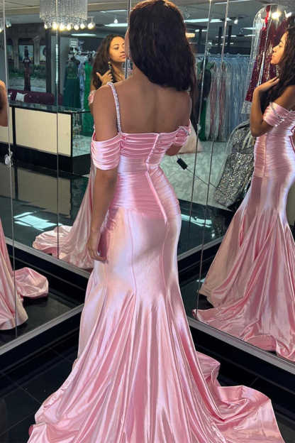 Silver Cold Sleeves Beaded Ruched Mermaid Prom Dress