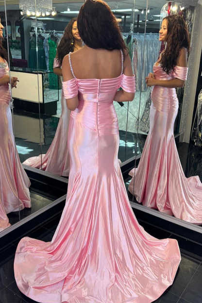 Silver Cold Sleeves Beaded Ruched Mermaid Prom Dress