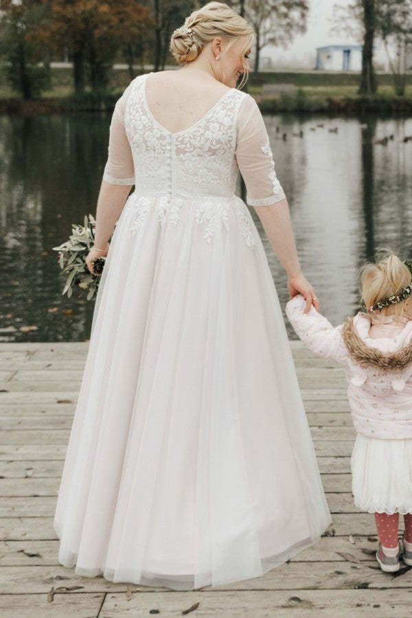 Yesbabyonline Simple Half Sleeves Plus Size A-line Lace Wedding Dresses