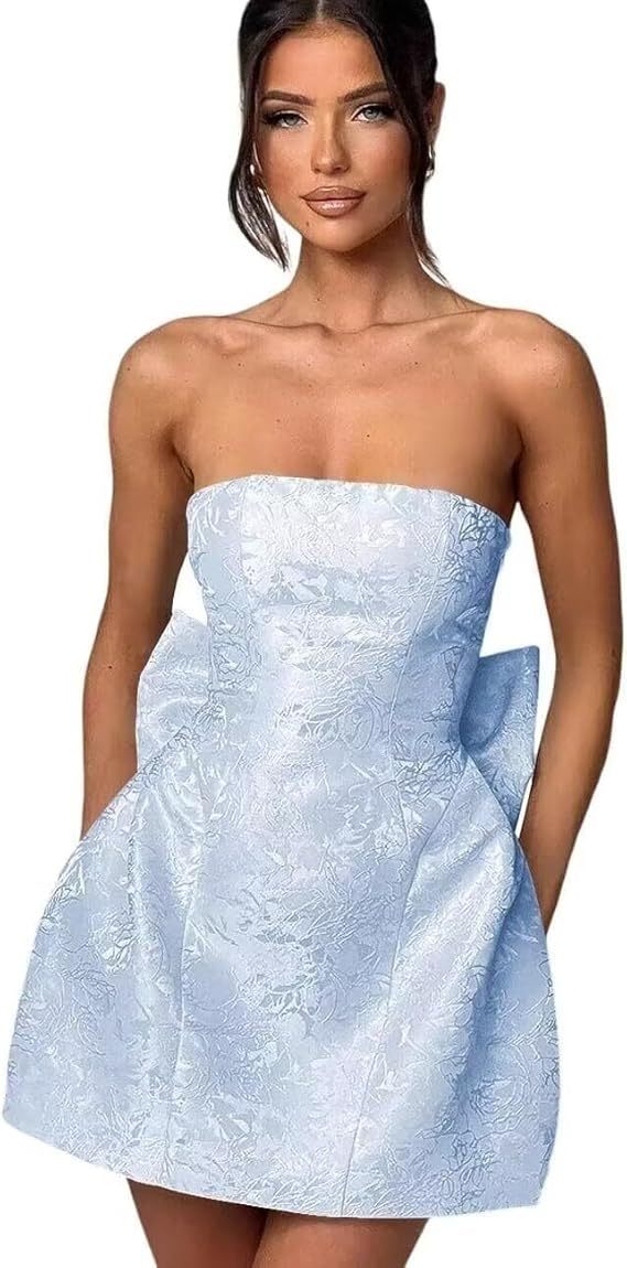 Strapless Short Ball Gown Sleeveless Lace up Jacquard Satin Homecoming Dress with Bow - YESBABYONLINE