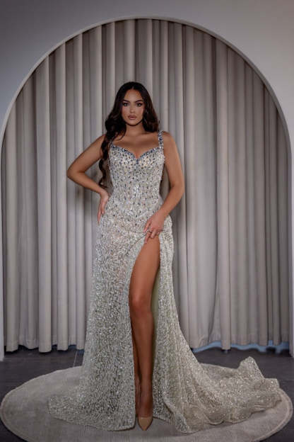 Long Spaghetti Straps Beaded Sequined Formal Evening Dresses with Split