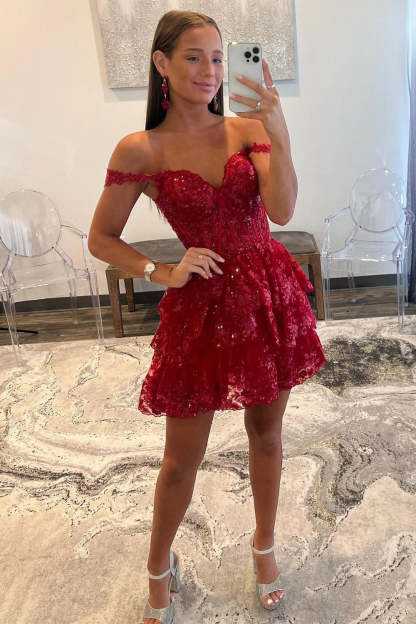Sparkly A-Line Black Tiered Short Homecoming Prom Dress with Lace