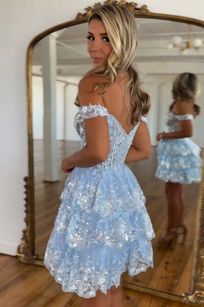 Sparkly A-Line Black Tiered Short Homecoming Prom Dress with Lace