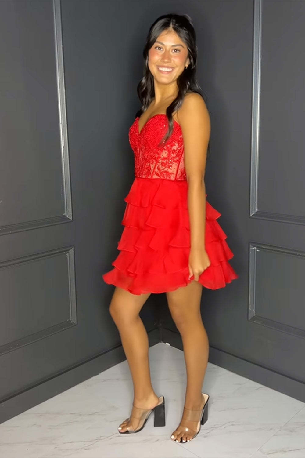 Sparkly A Line Fuchsia Corset Strapless Short Homecoming Dress with Ruffles
