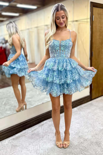 Sparkly Blue A Line Corset Tiered Short Homecoming Dress