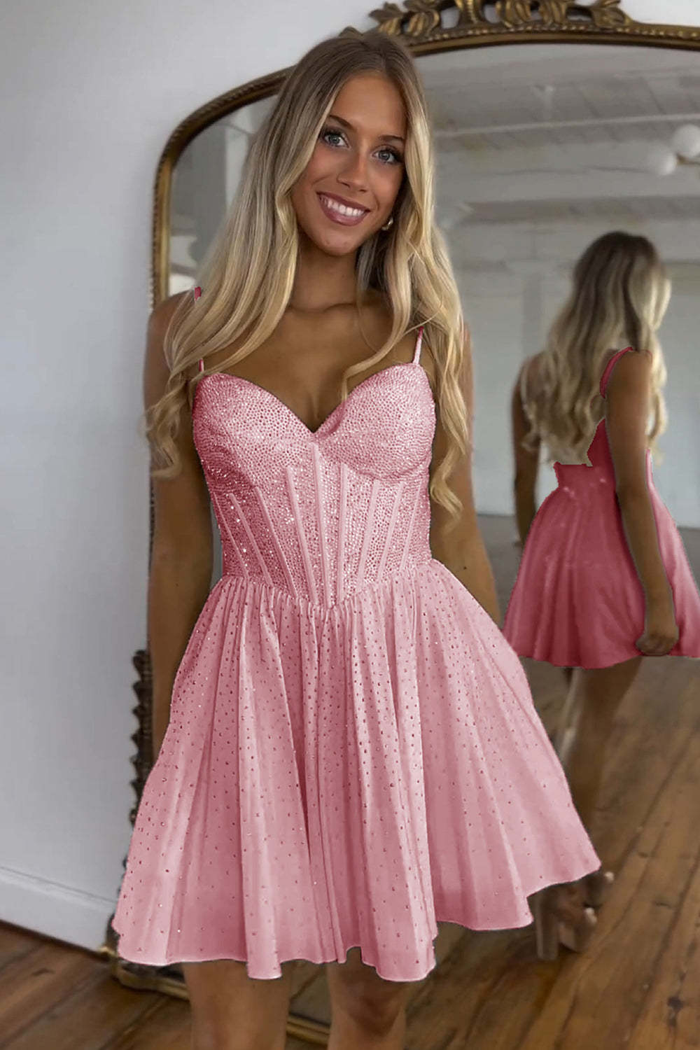 Sparkly A Line White Beaded Corset Short Homecoming Dress