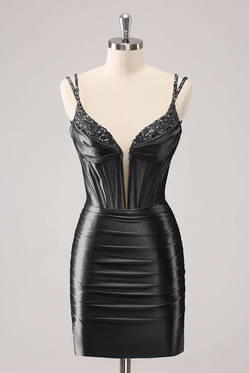 Sparkly Black Spaghetti Straps Tight Corset Homecoming Dress with Sequins