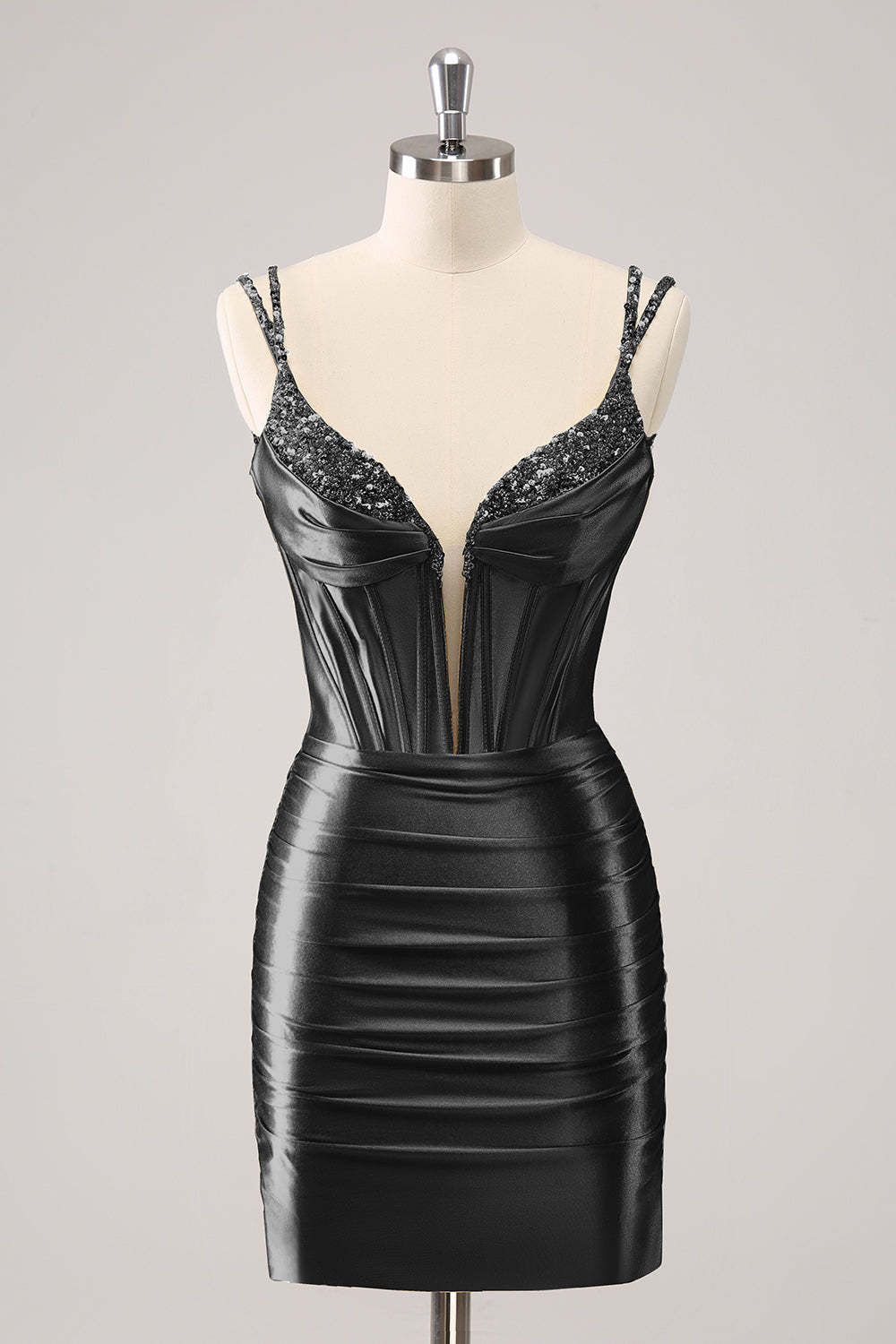 Sparkly Black Spaghetti Straps Tight Corset Homecoming Dress with Sequins