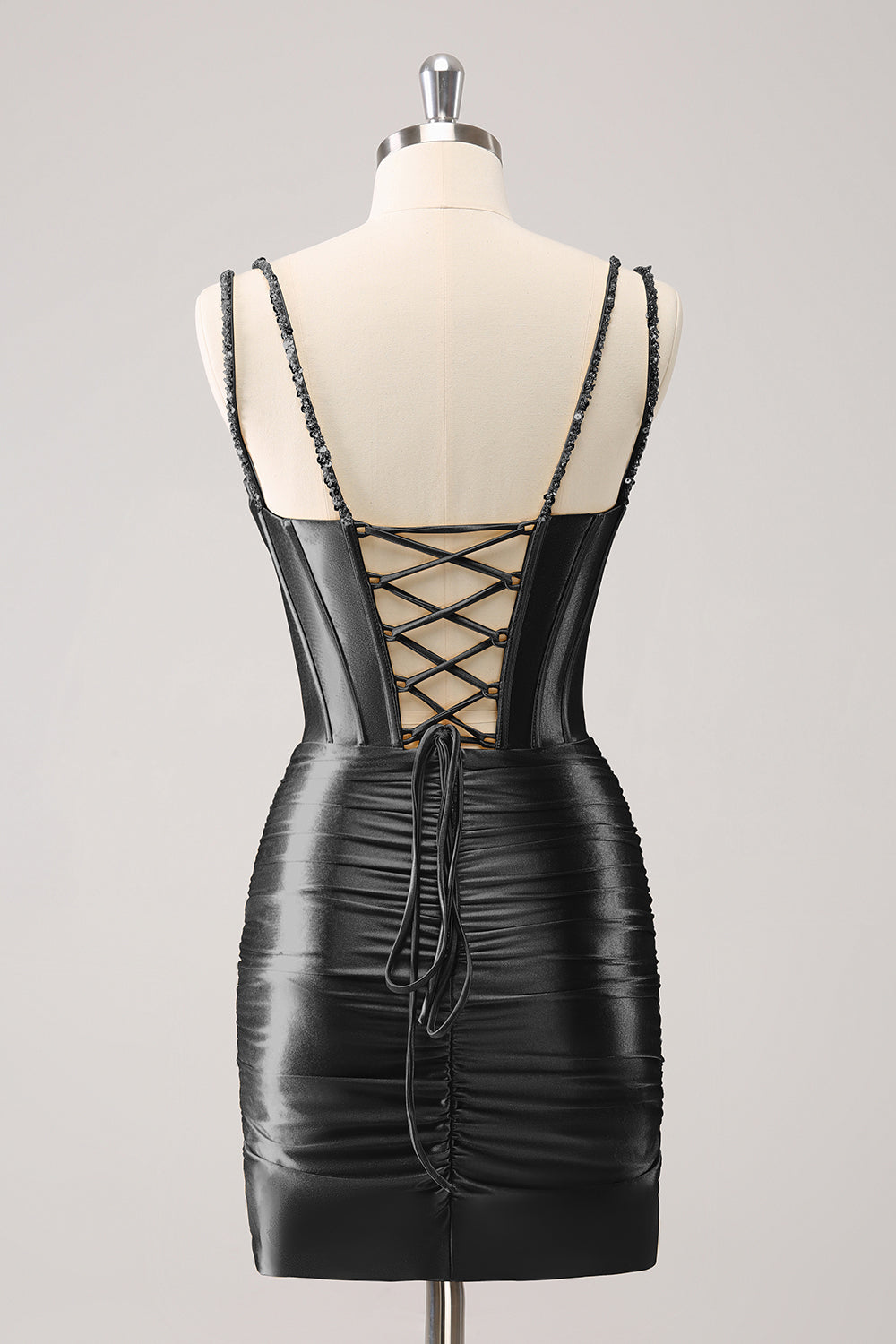 Sparkly Black Spaghetti Straps Tight Corset Homecoming Dress with Sequins